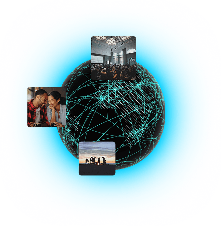 A glowing globe of connections with photos of friends, a crowd and a sunset gathering