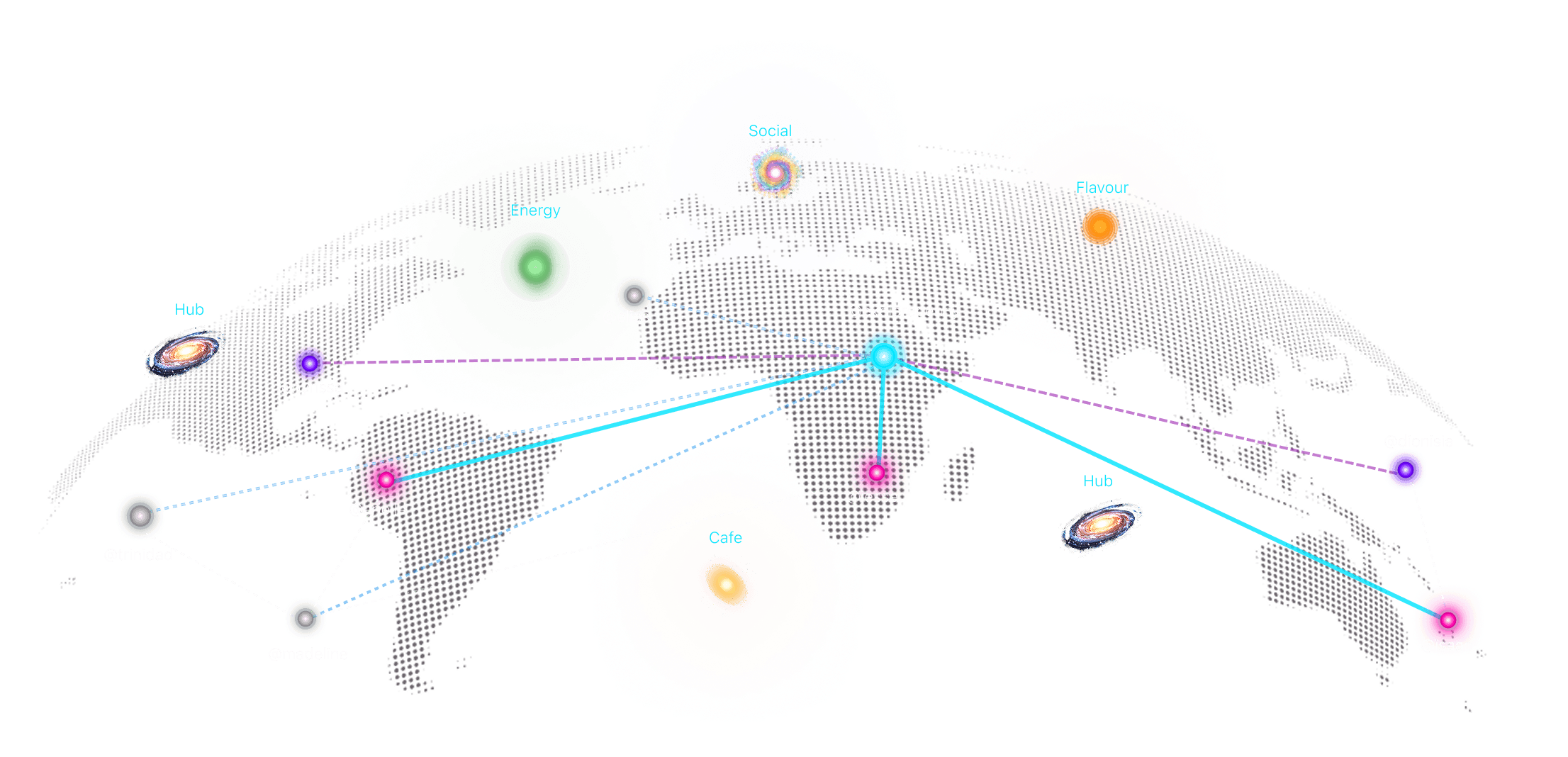 A dotted globe showing Miami venues and people connected across the map